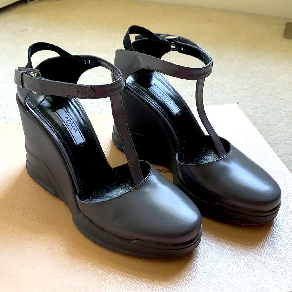 Prada wedge Mary Jane spazzolato leather Sz 39 - Picture 2 of 9